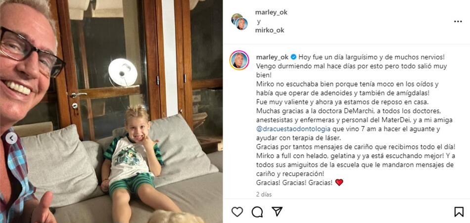 El posteo de Marley sobre la salud de Mirko. Foto Instagram.