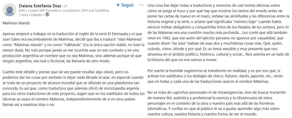 El descargo de la traductora de El Eternauta. Fotos: captura de pantalla