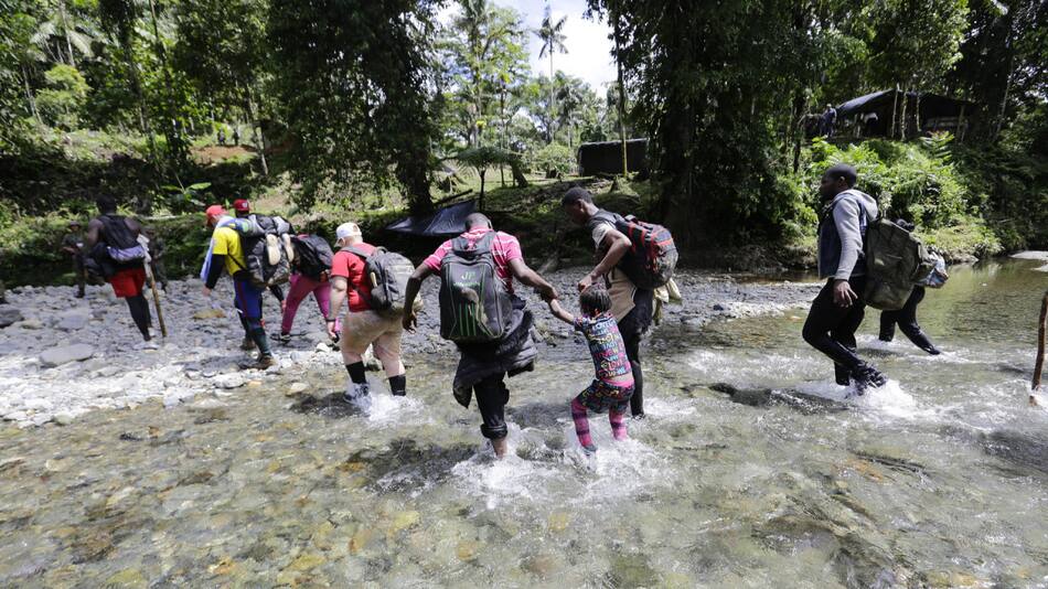 Migrantes caminan en la selva del Darién. Foto: EFE