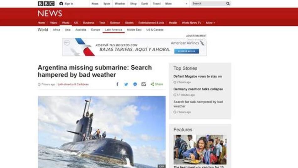 Búsqueda del ARA San Juan en portada de medios del mundo