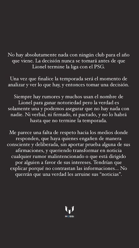 El comunicado del padre de Lionel Messi sobre su futuro. Foto: Instagram.