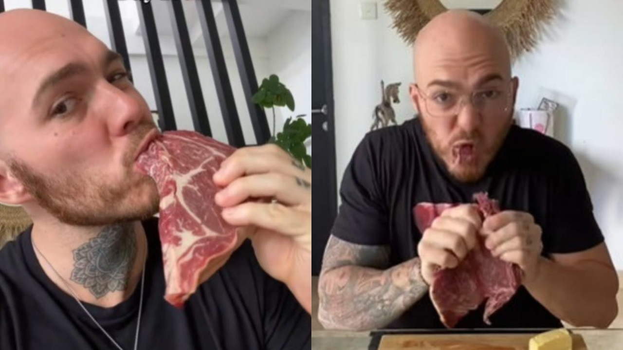 Comer carne cruda, una nueva moda en redes sociales. Foto: TikTok / paulylong.