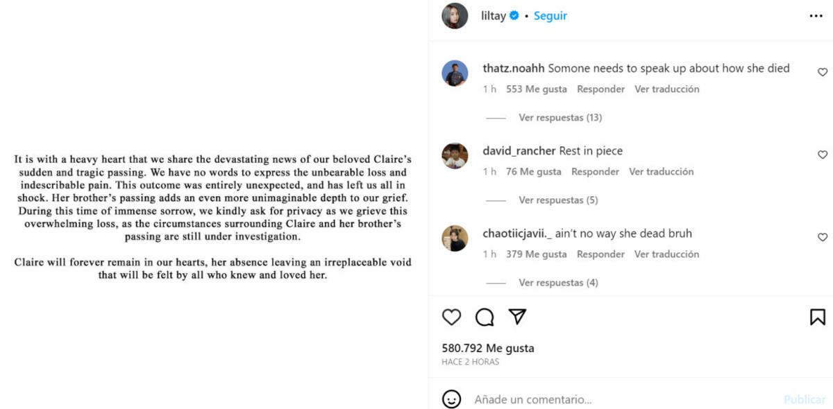 Así comunicaron su muerte. Foto: Instagram.