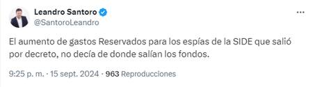 La crítica de Leandro Santoro al Gobierno de Javier Milei. Foto: X @SantoroLeandro.