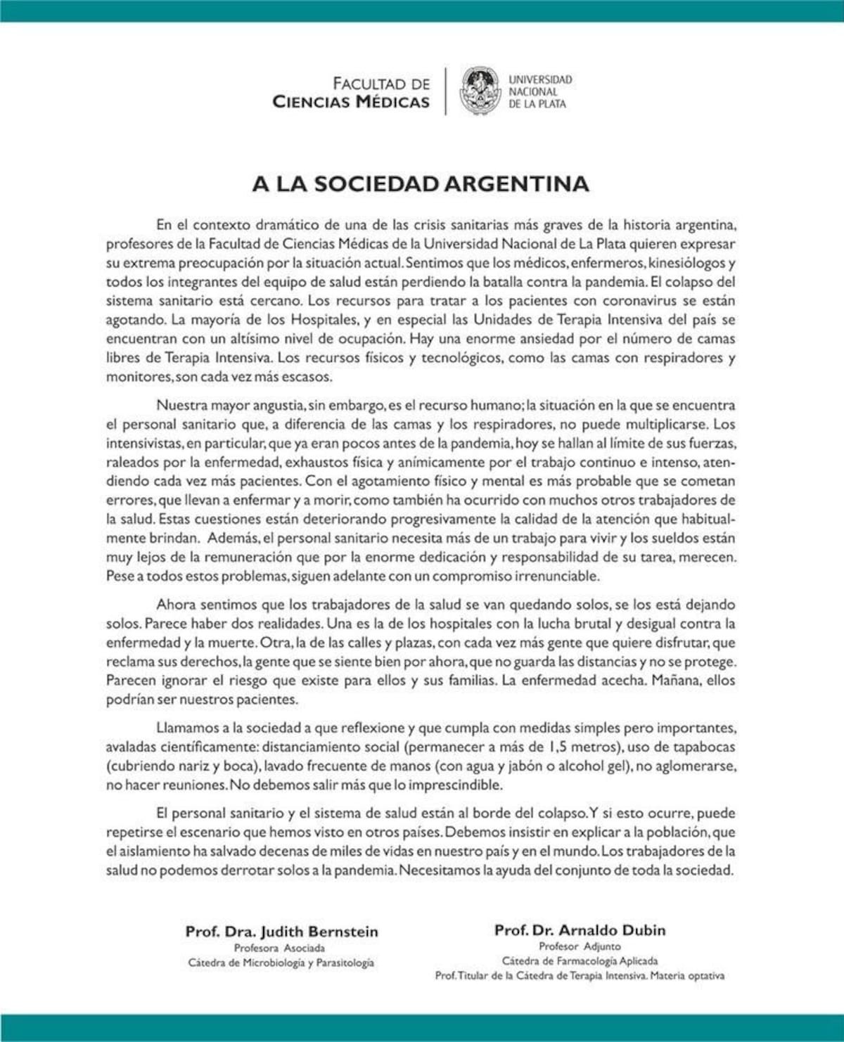 Comunicado de Facultad de Ciencias Médicas de La Plata
