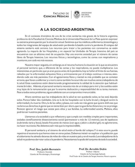 Comunicado de Facultad de Ciencias Médicas de La Plata