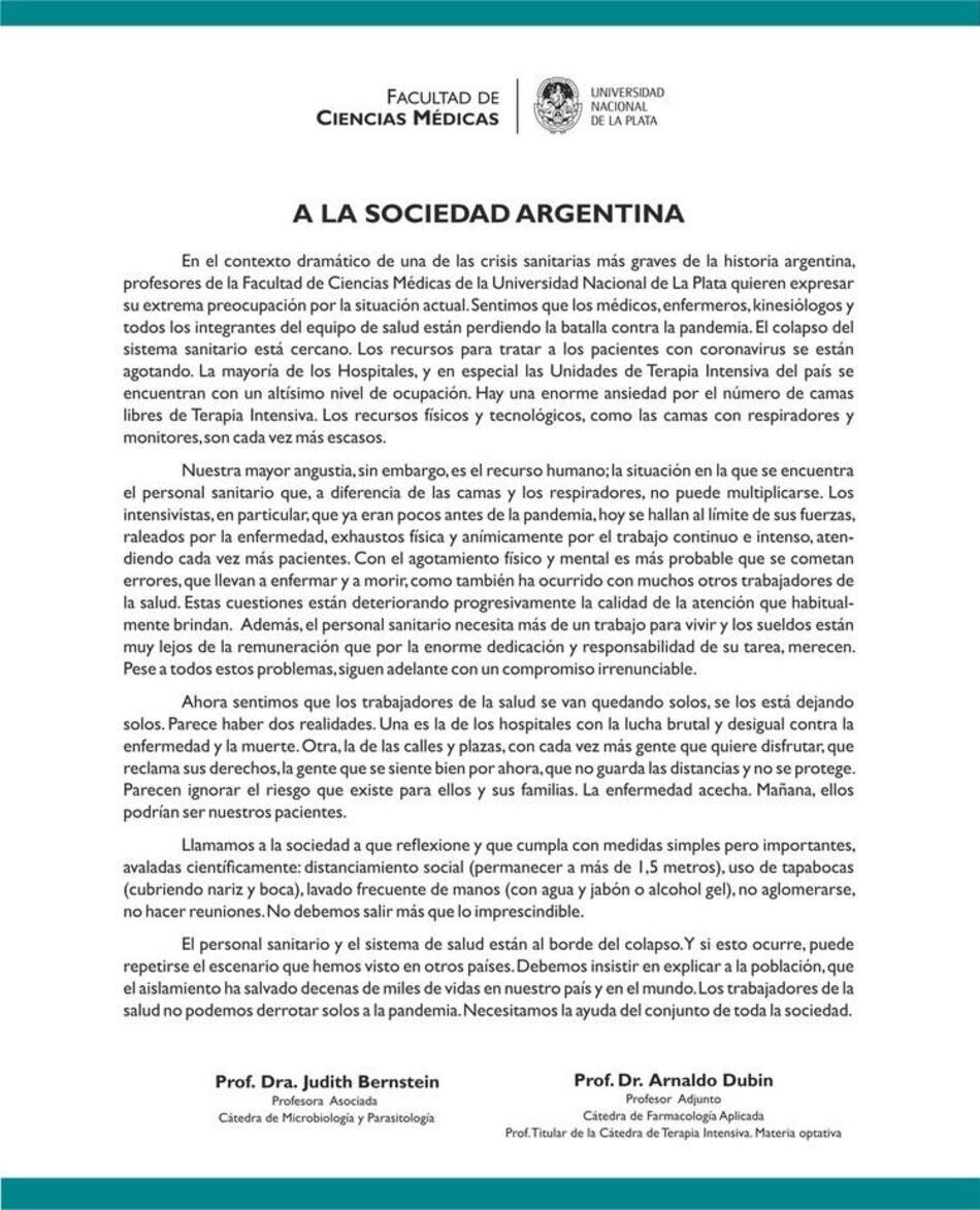 Comunicado de Facultad de Ciencias Médicas de La Plata