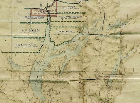 El mapa donde figuran las 7.500 hectáreas (en rojo) que legó el perito para la creación del primer Parque Nacional