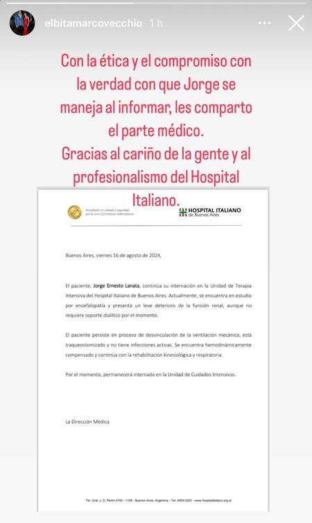 El último parte médico de Jorge Lanata. Foto: Instagram / elbitamarcovecchio