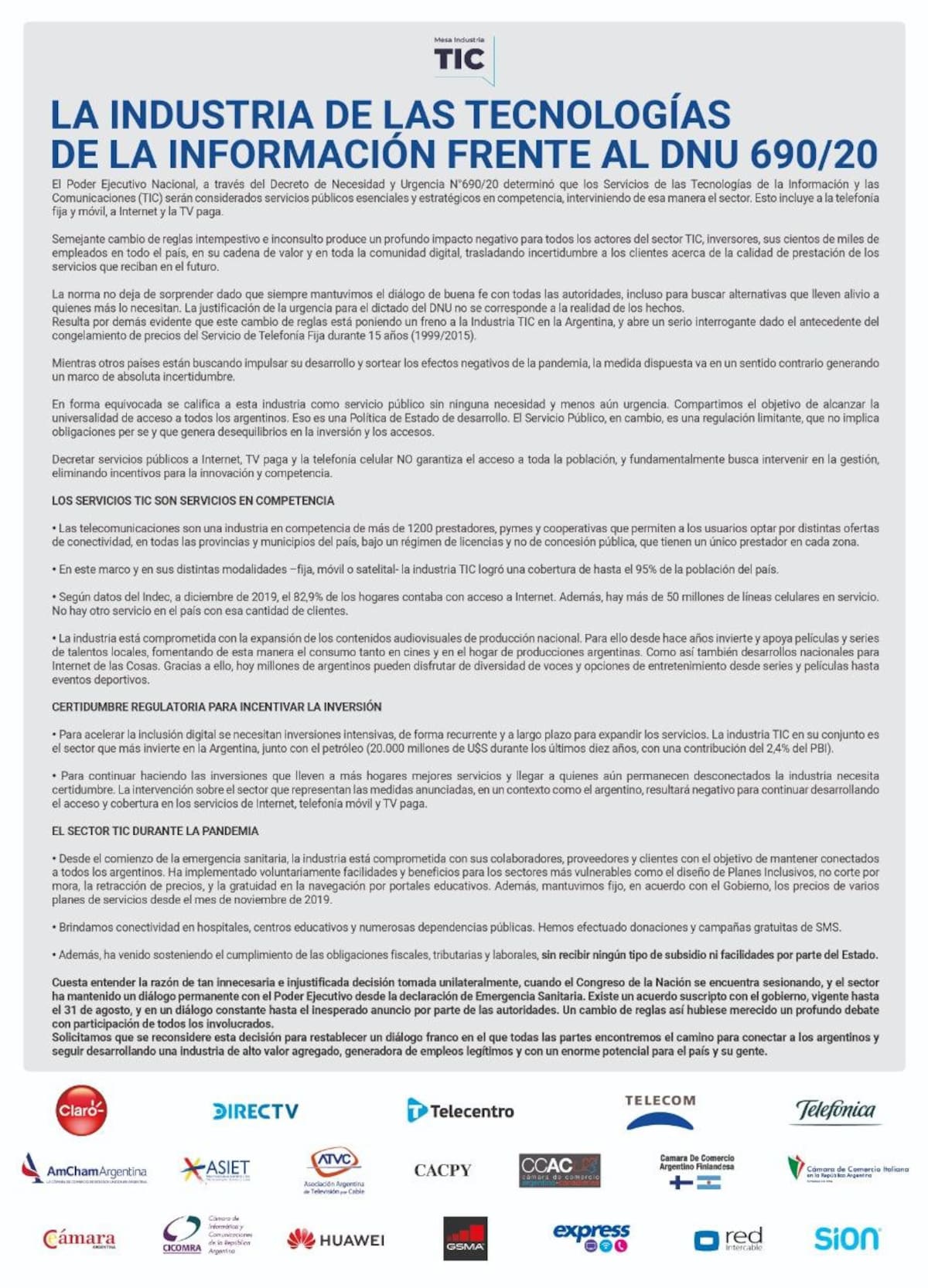 Telecomunicaciones, Solicitada DNU 690 2020, foto firmas correctas