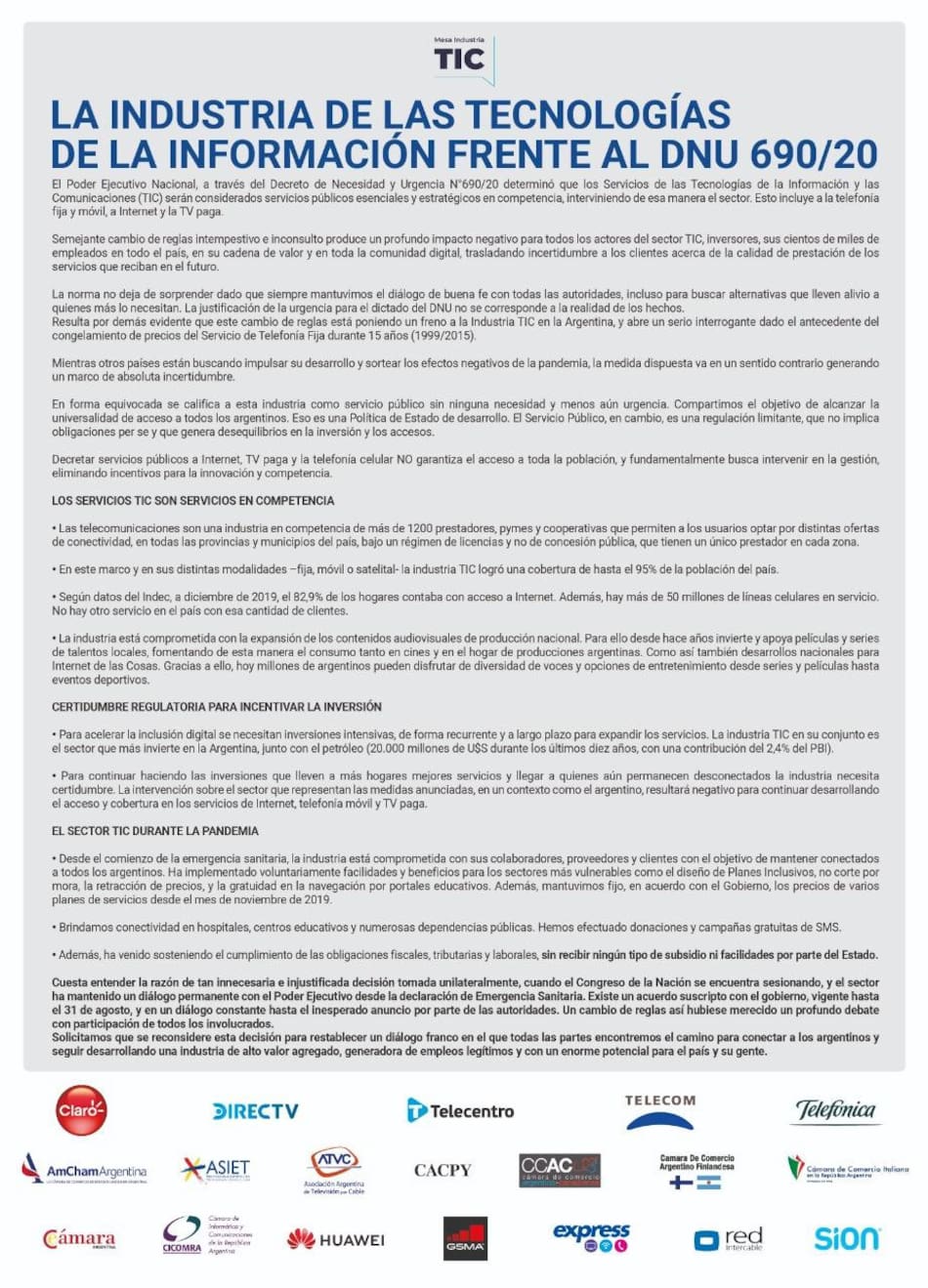 Telecomunicaciones, Solicitada DNU 690 2020, foto firmas correctas