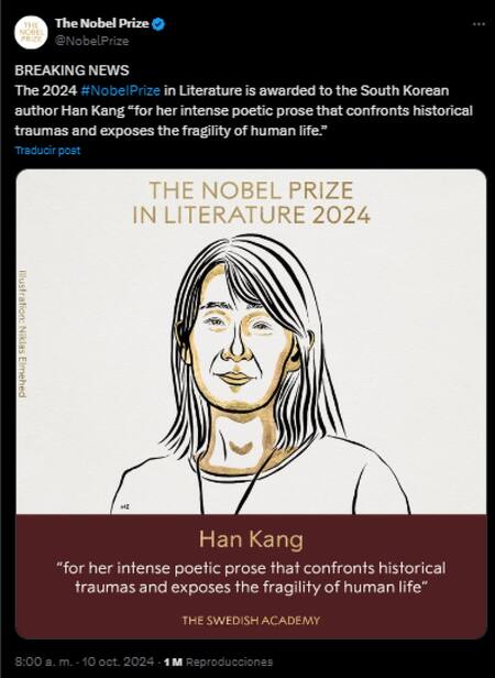 La surcoreana Han Kang, Premio Nobel de Literatura 2024. Fuente: X