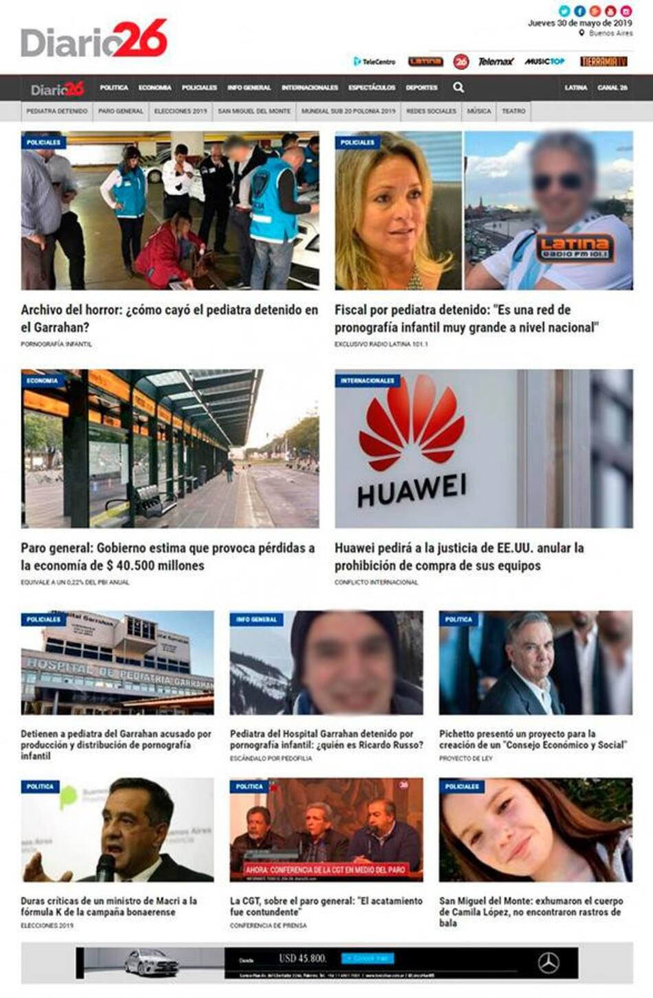 Tapa de diarios - Diario 26 jueves 30 de mayo de 2019