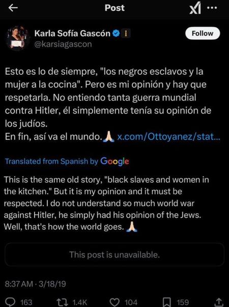 Los tuits de Karla Sofía Gascón. Foto: X @karsiagascon