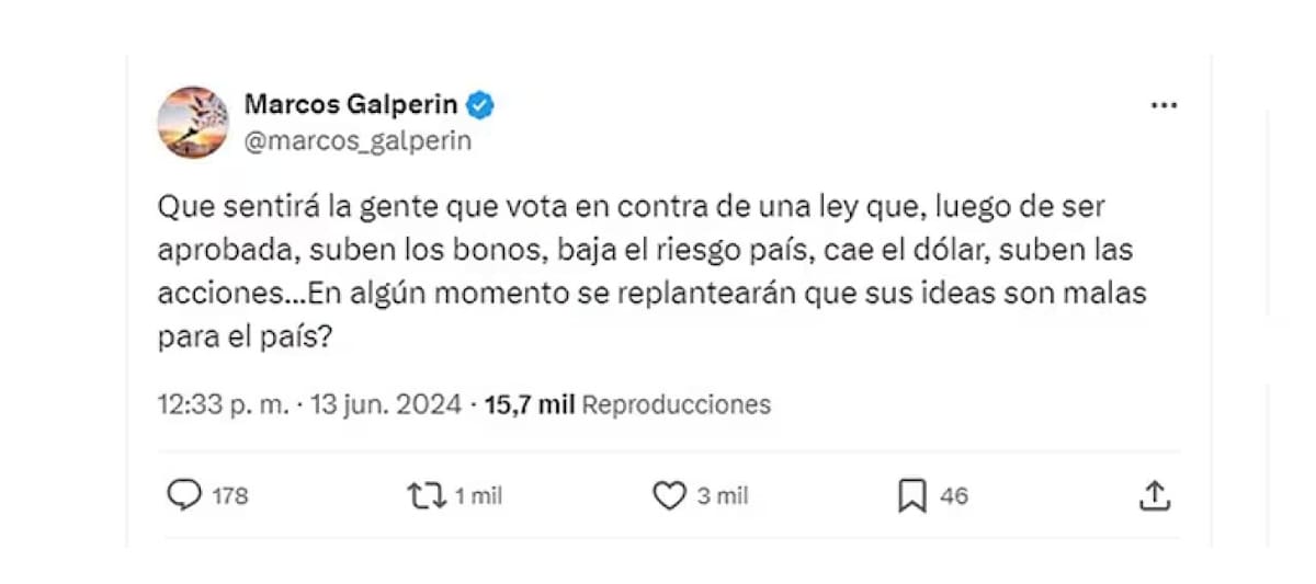 La polémica publicación de Marcos Galperín. Foto: X