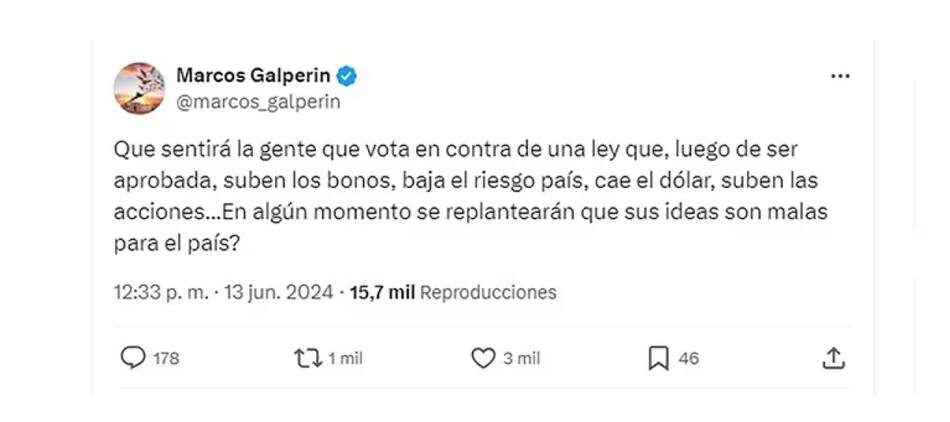 La polémica publicación de Marcos Galperín. Foto: X