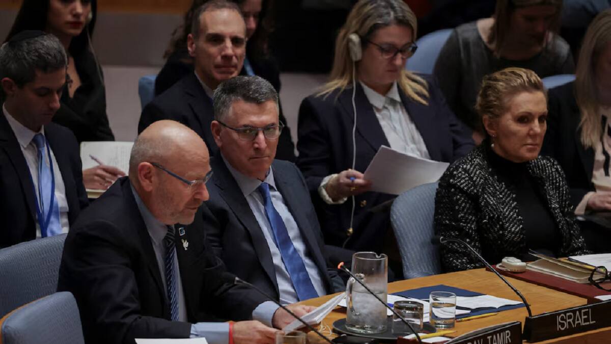 Gideon Sa’ar, canciller de Israel, durante su exposición en la ONU