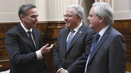 Los senadores Miguel Angel Pichetto y Federico Pinedo durante la entrega de la Mencion de Honor Senador Faustino Domingo Sarmiento del Senado de la Nacion al rector de la Universidad de Buenos Aires, Alberto Barbieri, NA