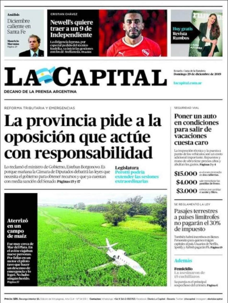 Tapa de diarios, La Capital, domingo 29 de diciembre de 2019