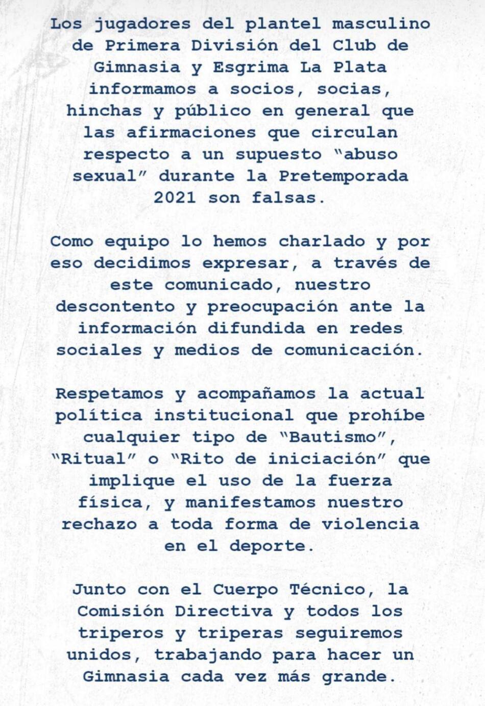 Comunicado de Gimnasia de La Plata tras denuncia de violencia en bautismos.