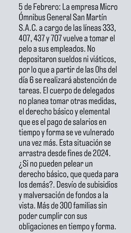 El comunicado de los trabajadores de MOQSA tras anunciar el paro de colectivos.