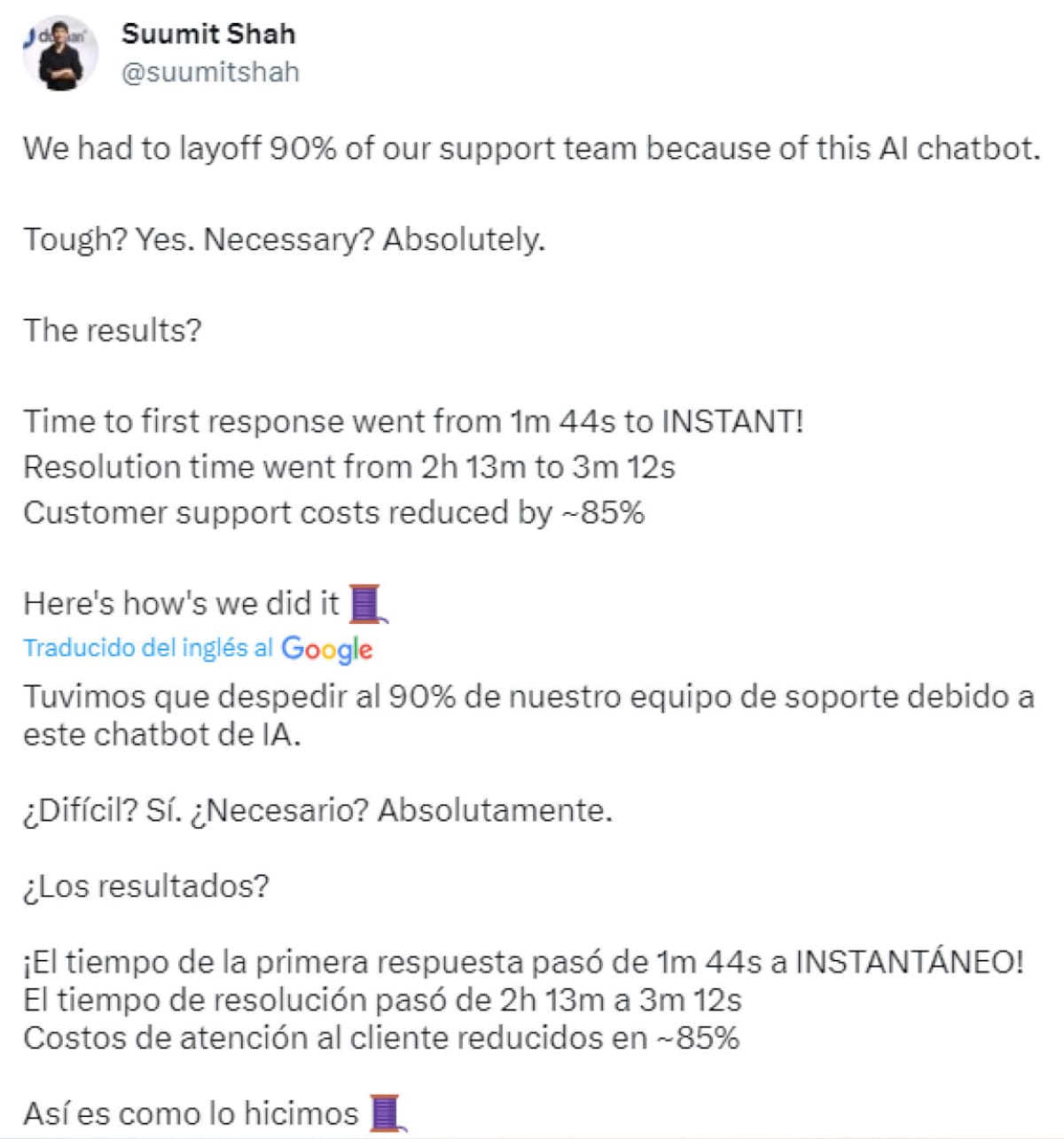 En su cuenta de Twitter, el empresario explicó cómo realizó el recorte de personal.