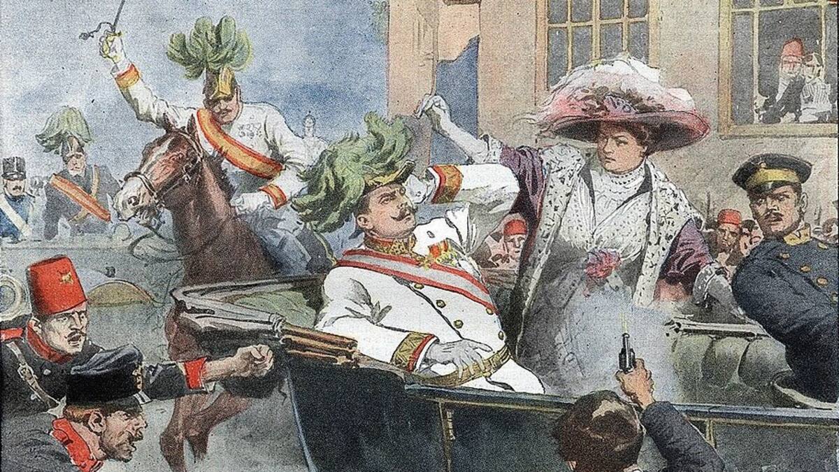 La primera página de la edición del Domenica del Corriere, un periódico italiano, con un dibujo de Achille Beltrame que representa a Gavrilo Princip matando al archiduque Francisco Fernando de Austria en Sarajevo.