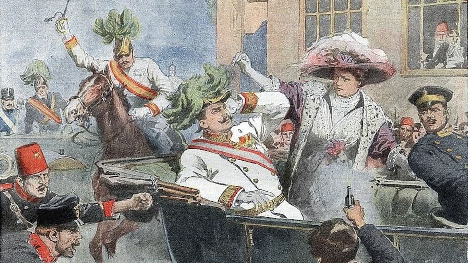 La primera página de la edición del Domenica del Corriere, un periódico italiano, con un dibujo de Achille Beltrame que representa a Gavrilo Princip matando al archiduque Francisco Fernando de Austria en Sarajevo.