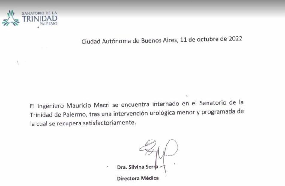 Parte médico de Mauricio Macri. Foto: NA
