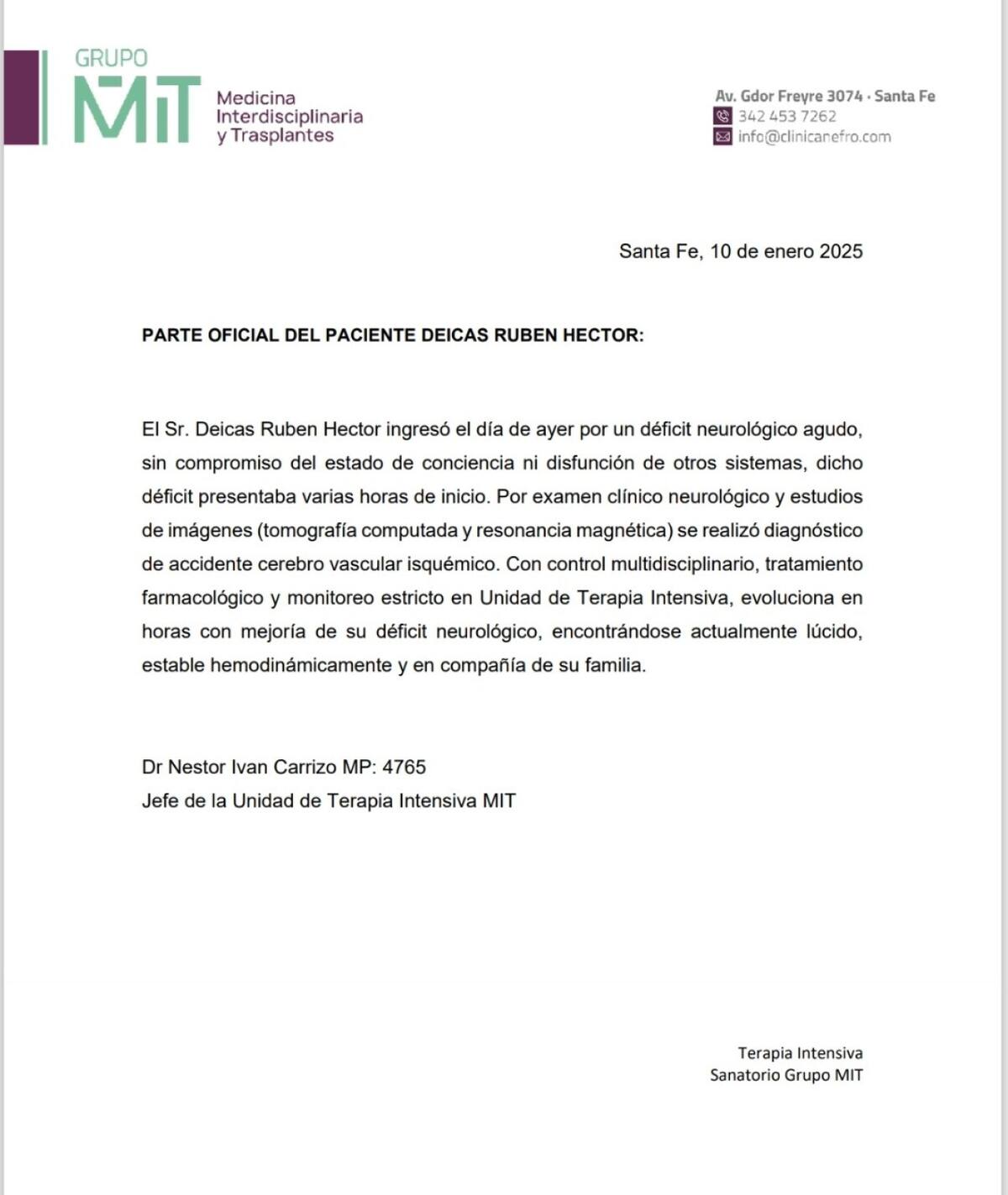 Parte médico de Cacho Deicas de Los Palmeras. Foto: X.