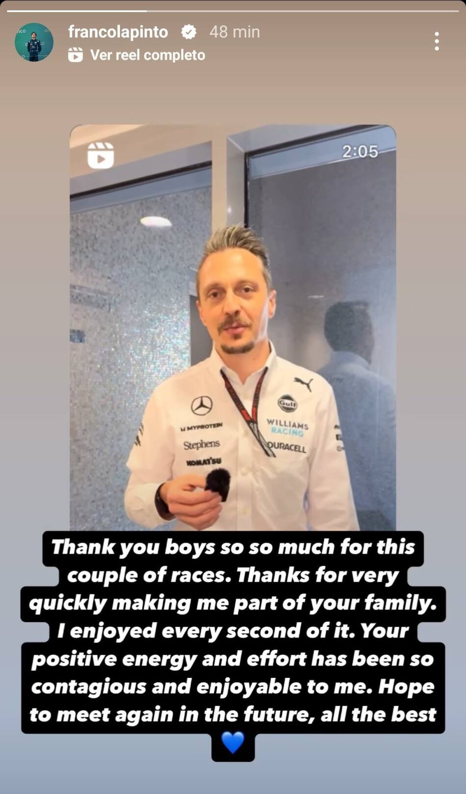 El mensaje de Franco Colapinto al equipo de Williams. Foto: Captura.