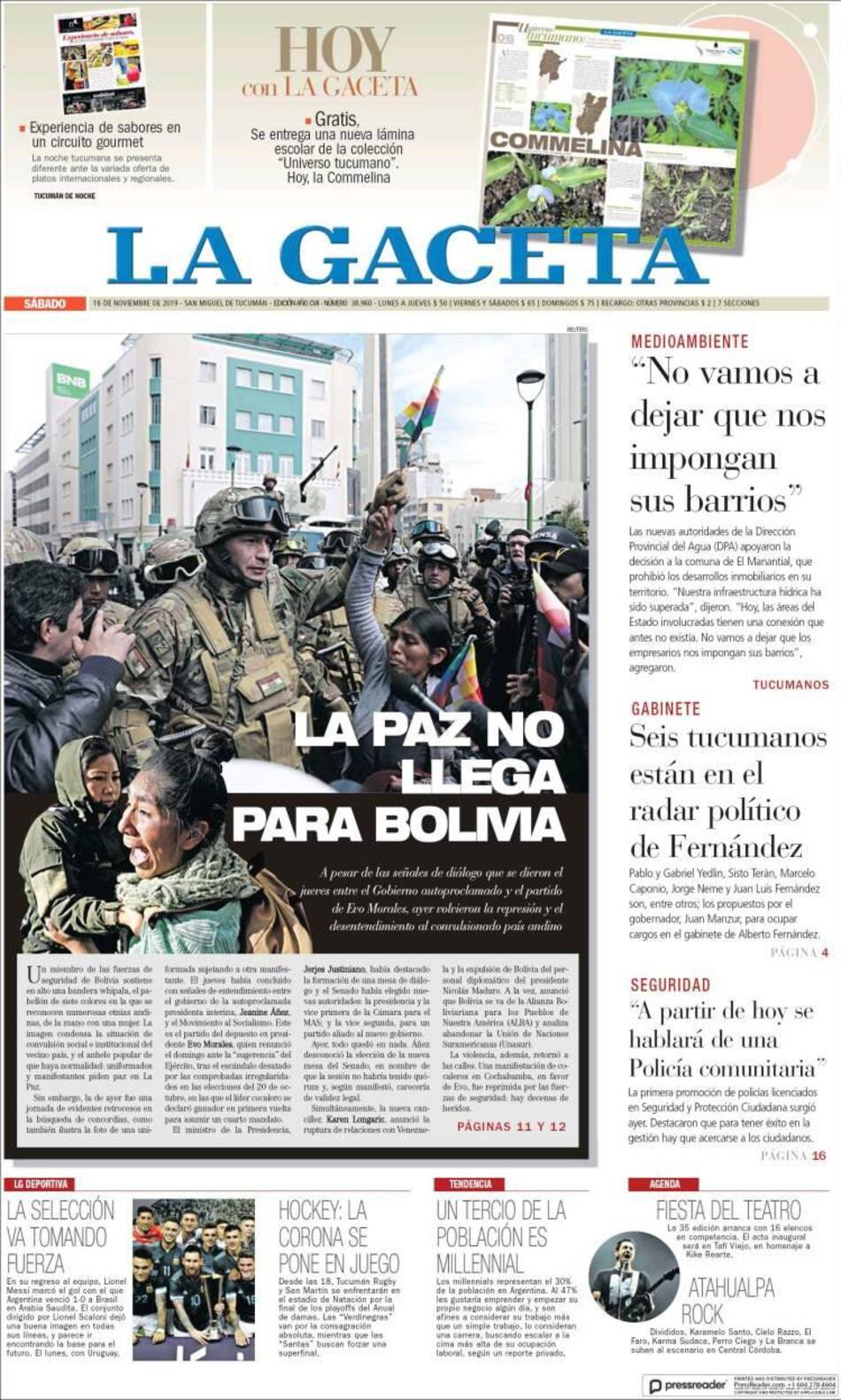 Tapas de diarios, La Gaceta, sábado 16 de noviembre de 2019