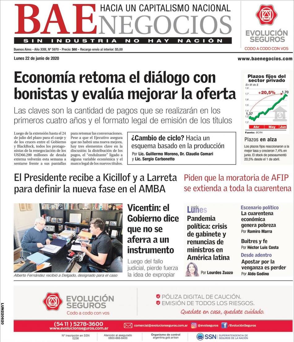 Tapas de diarios, BAE Negocios, lunes 22 de junio de 2020