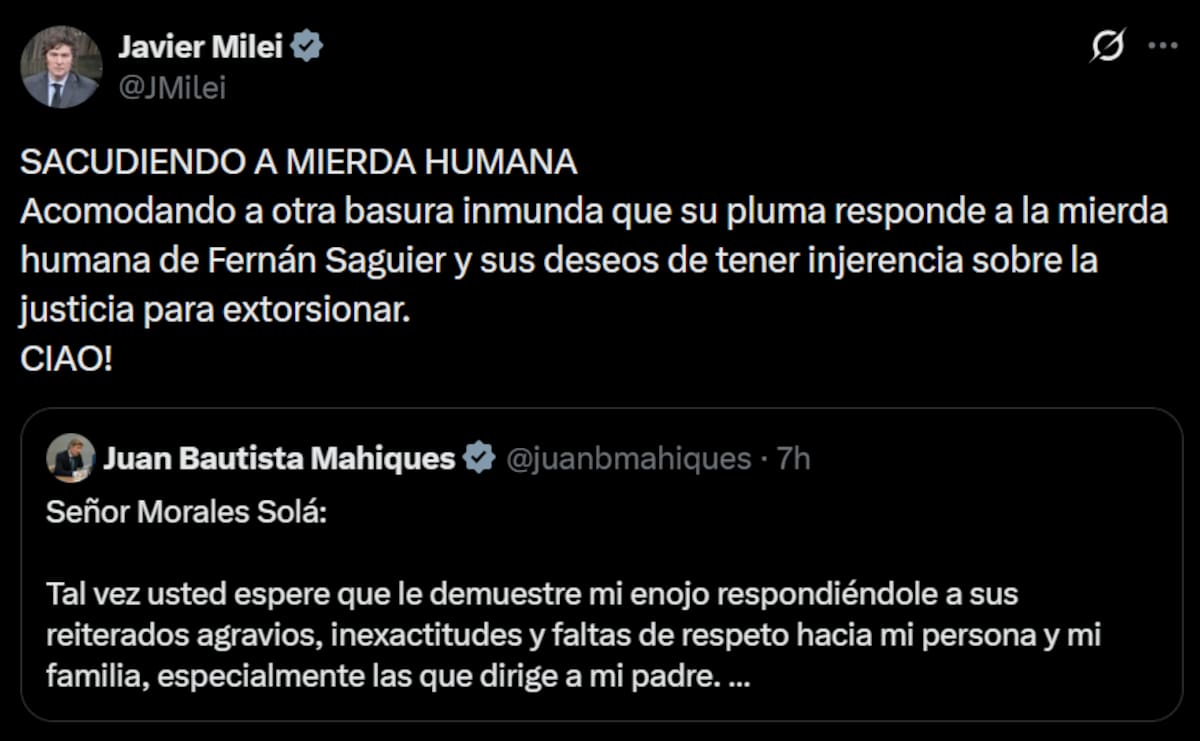 Insultos de Javier Milei contra periodistas y autoridades de LA NACION.