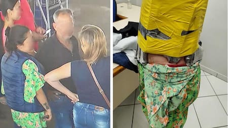 Interpol deteniendo a una persona que fue interceptada en la frontera de Brasil y Paraguar con ocho pistolas pegadas al cuerpo. Twitter @INTERPOL_HQ.