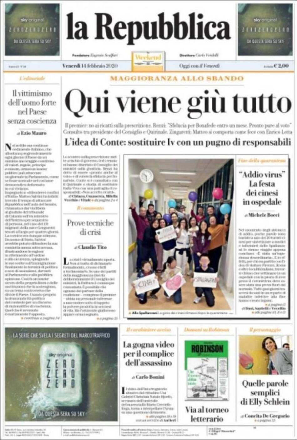 Tapas de diarios, 14-2-20, LA REPUBBLICA
