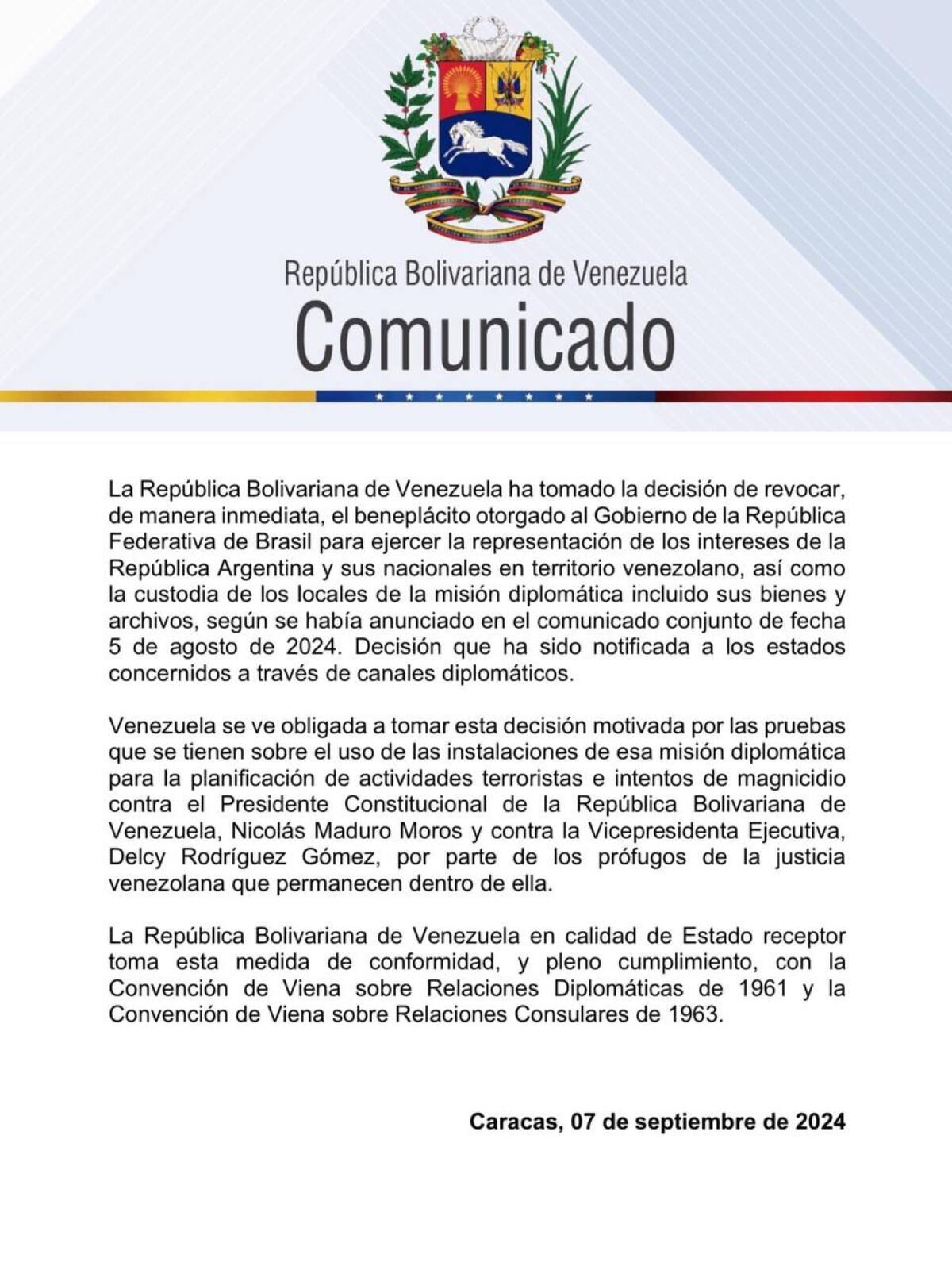 El comunicado del Gobierno venezolano.