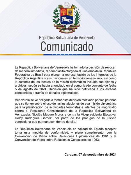 El comunicado del Gobierno venezolano.