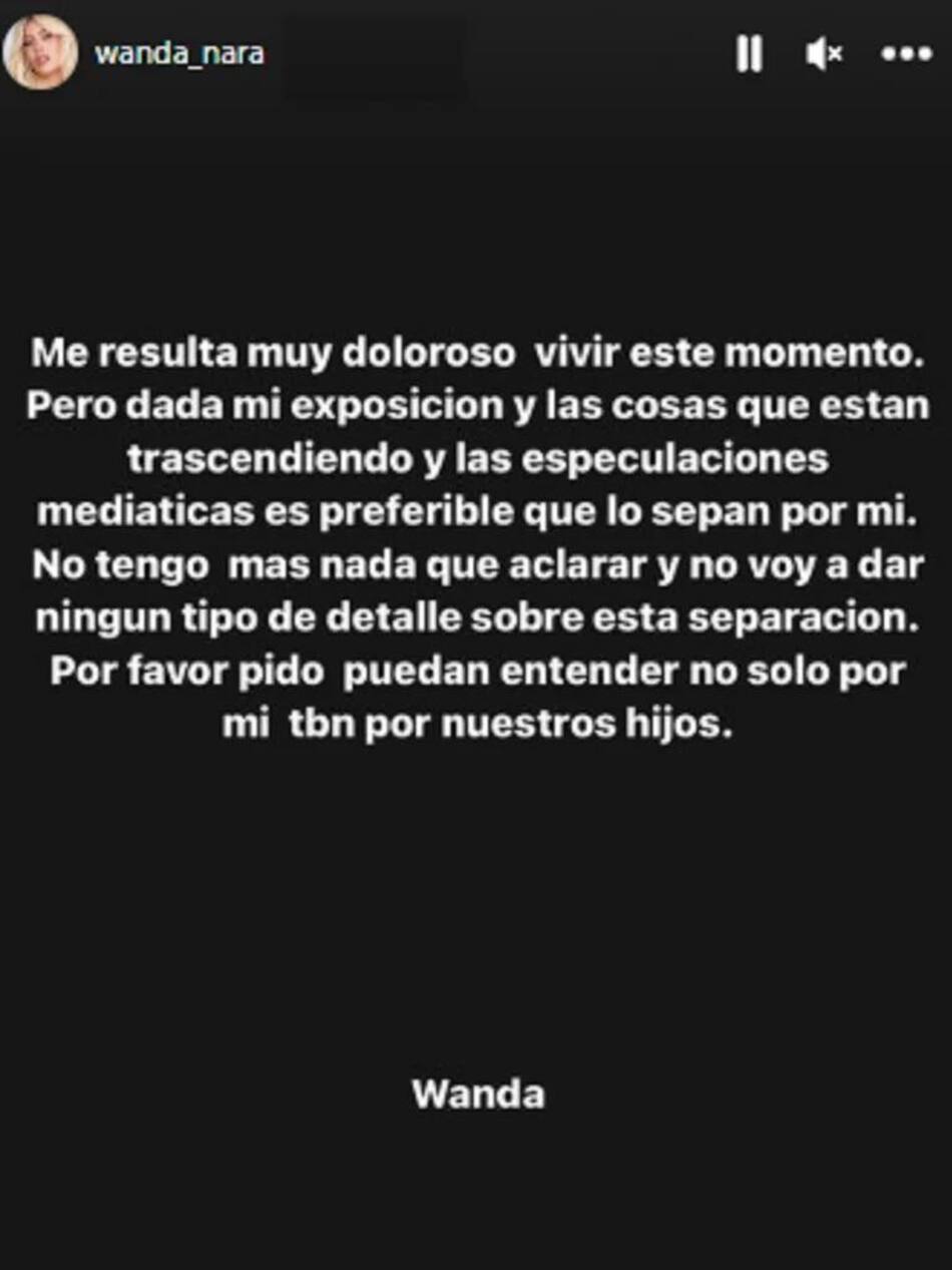 El comunicado de Wanda Nara sobre su separación. Foto: historia Instagram.