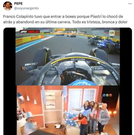 Memes sobre la última carrera de Colapinto. Foto: X.