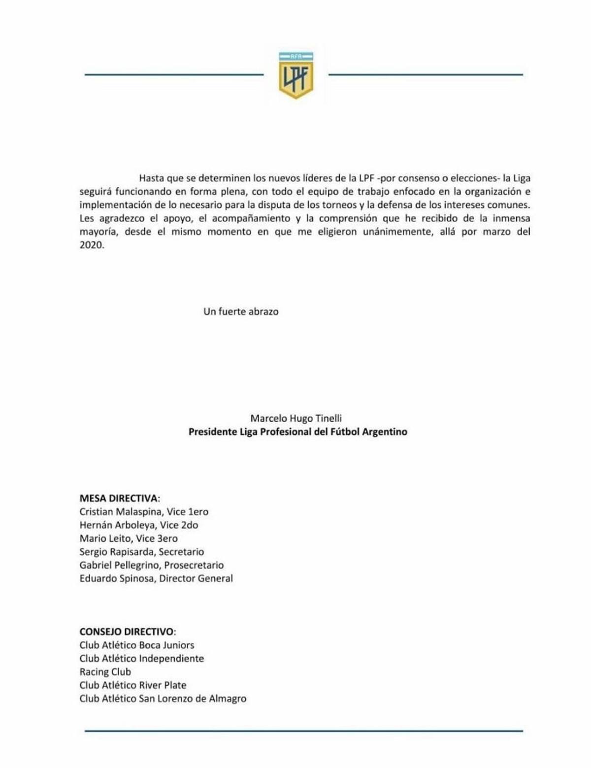 Carta Tinelli pidiendo elecciones anticipadas para la Liga Profesional.