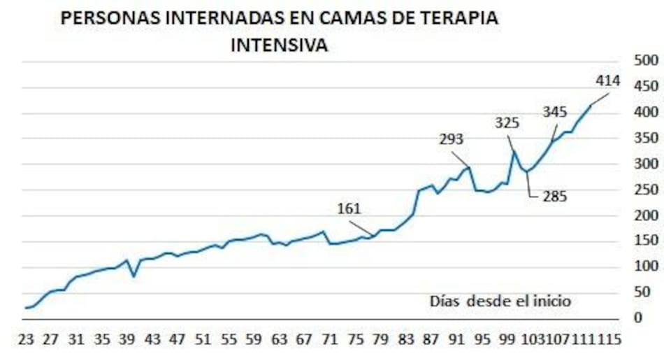 Gráficos sobre impacto de coronavirus en Argentina, personas internadas en camas de terapia intensiva