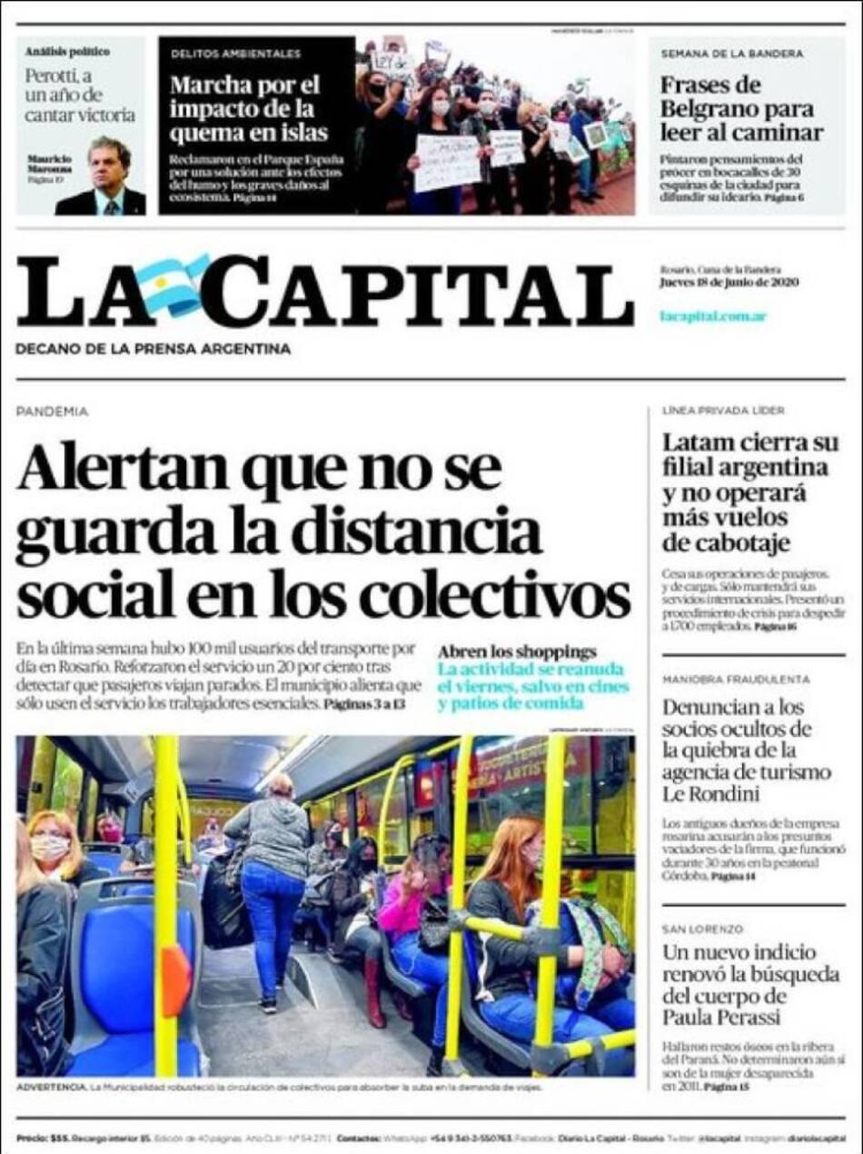 Tapas de diarios, La Capital, jueves 18 de junio de 2020