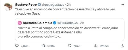 Tuit de Gustavo Petro por Medio Oriente. Foto: captura.