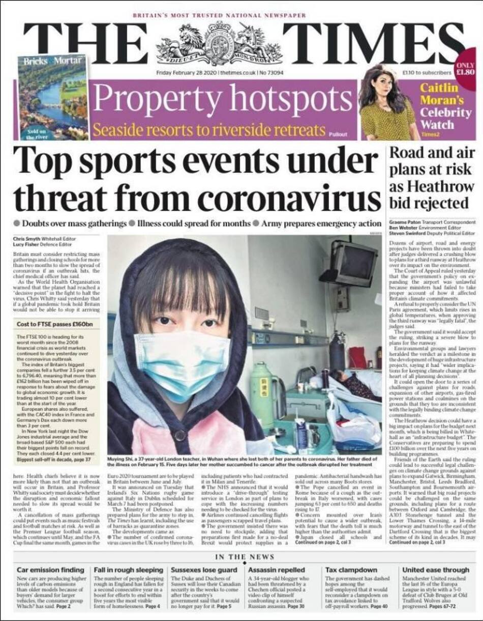Tapas de diarios, Times, viernes 28 de febrero de 2020