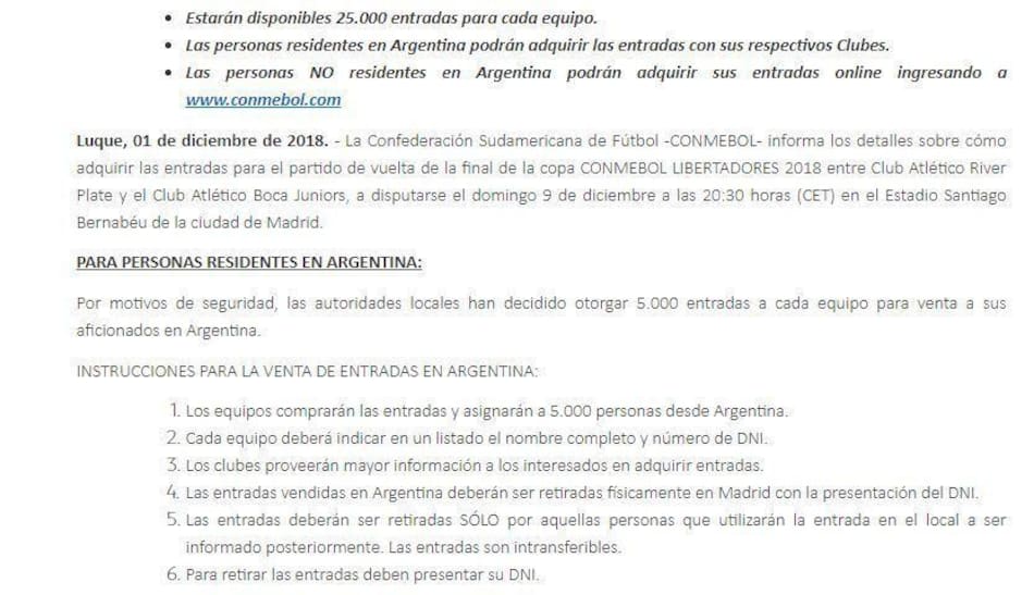 Anuncio de Conmebol sobre venta de entradas para Superfinal en Madrid - Parte 1