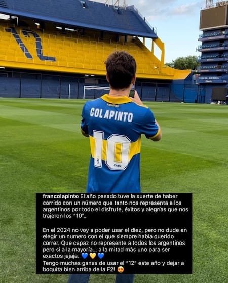 Franco Colapinto en su visita a La Bombonera. Foto: redes sociales.