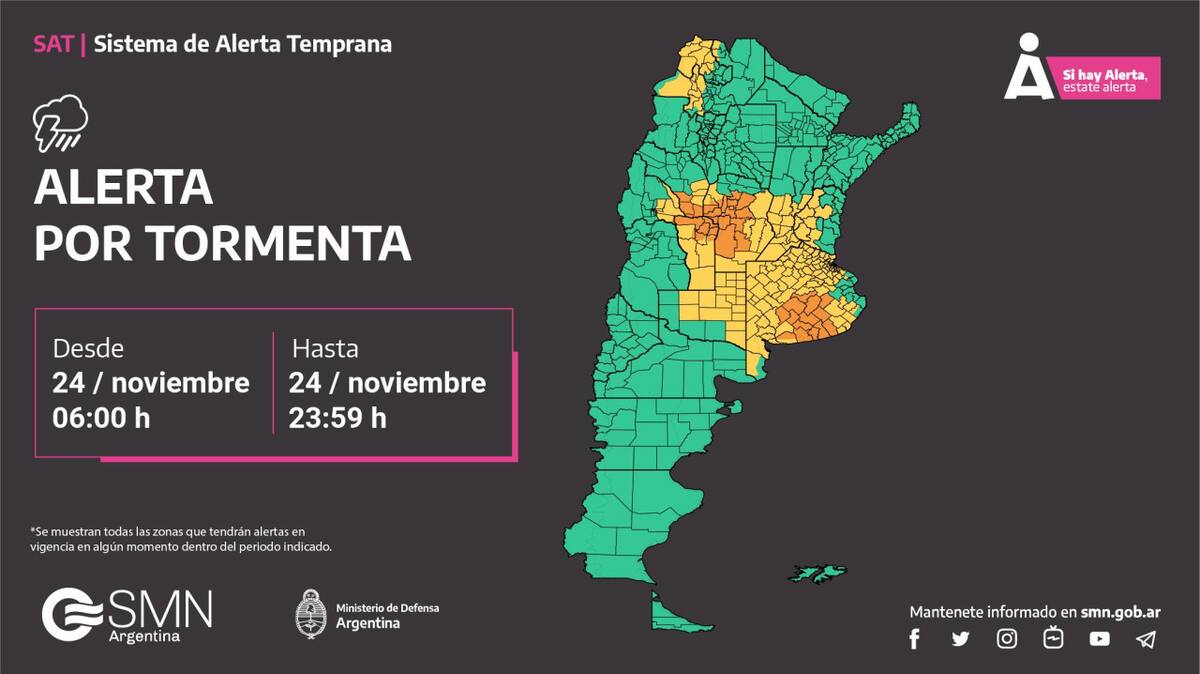 Alerta por lluvias intensas, ráfagas y granizo en Buenos Aires. Foto: SMN Argentina.