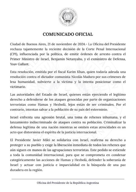 El Gobierno argentino rechazó la orden de arresto de la Corte Penal Internacional contra Benjamin Netanyahu