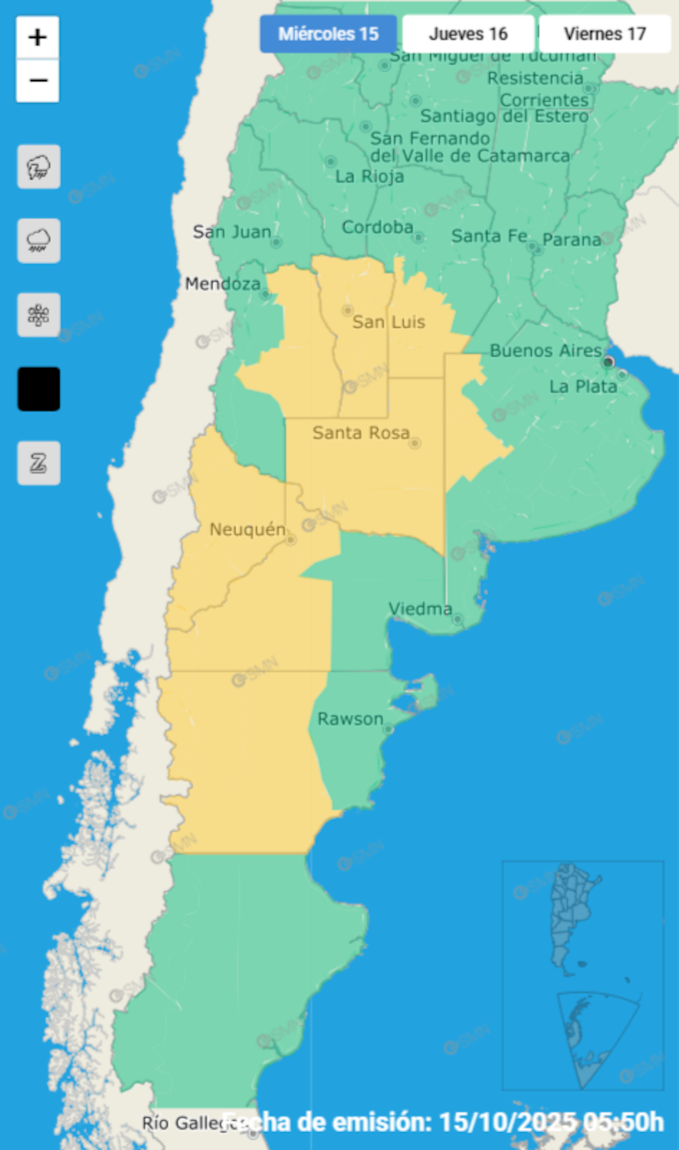 Ocho provincias están afectadas por la alerta amarilla por vientos fuertes.